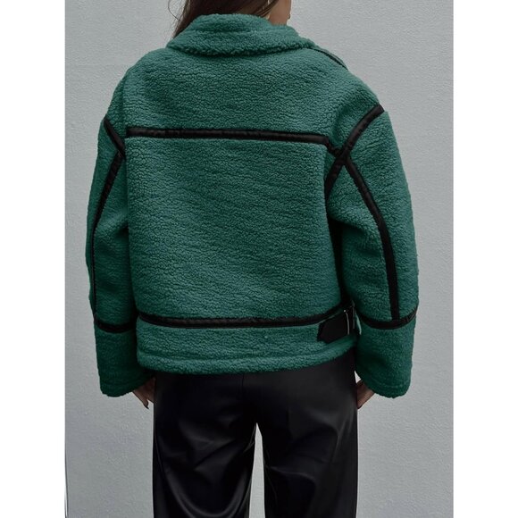 Women's Faux Fur Jacket Trendy Sherpa Moto Leather Patchwork Zip Up Army Green - Picture 4 of 6